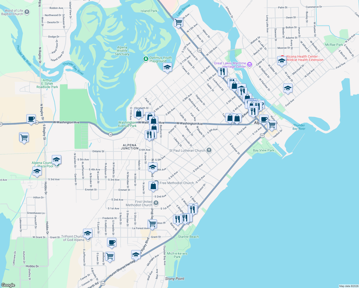 map of restaurants, bars, coffee shops, grocery stores, and more near 299 Liberty St in Alpena