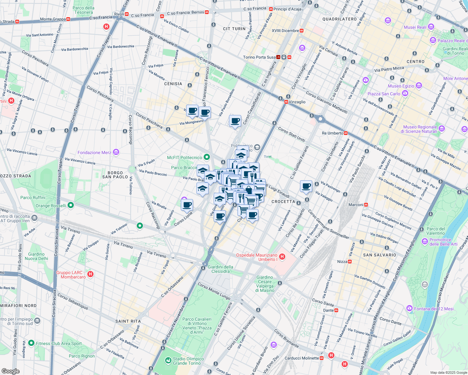 map of restaurants, bars, coffee shops, grocery stores, and more near 46 Via Cristoforo Colombo in Turin