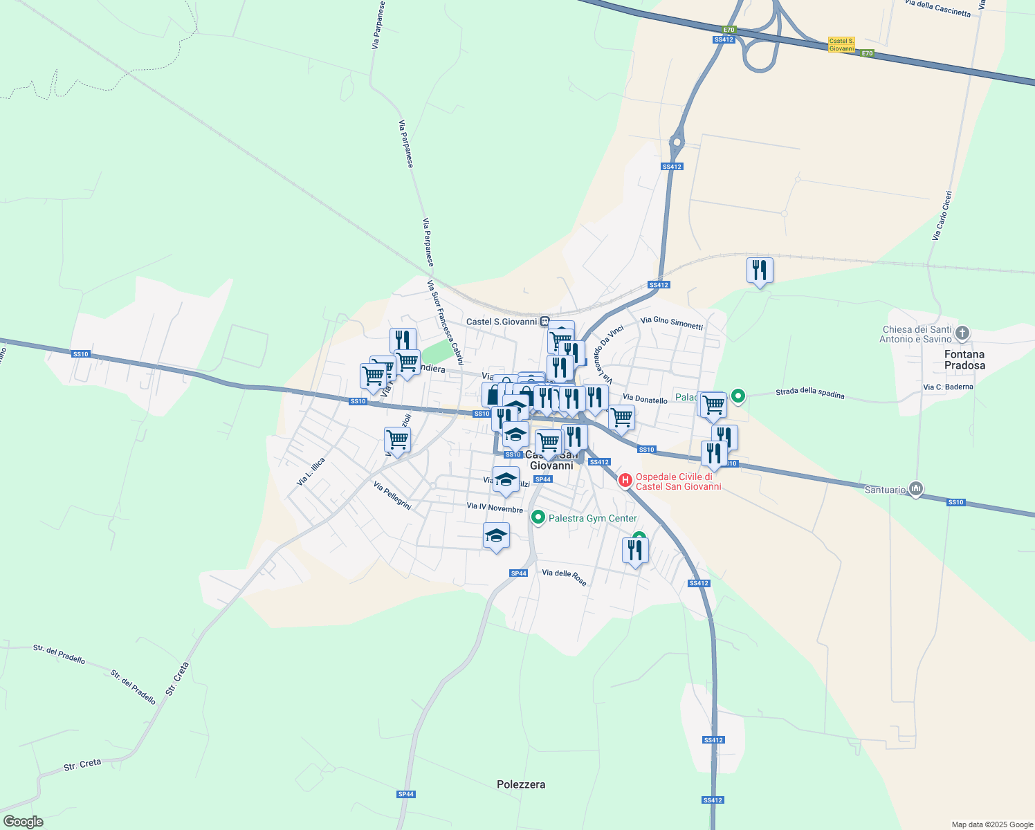 map of restaurants, bars, coffee shops, grocery stores, and more near 9 Via Giuseppe Verdi in Castel San Giovanni