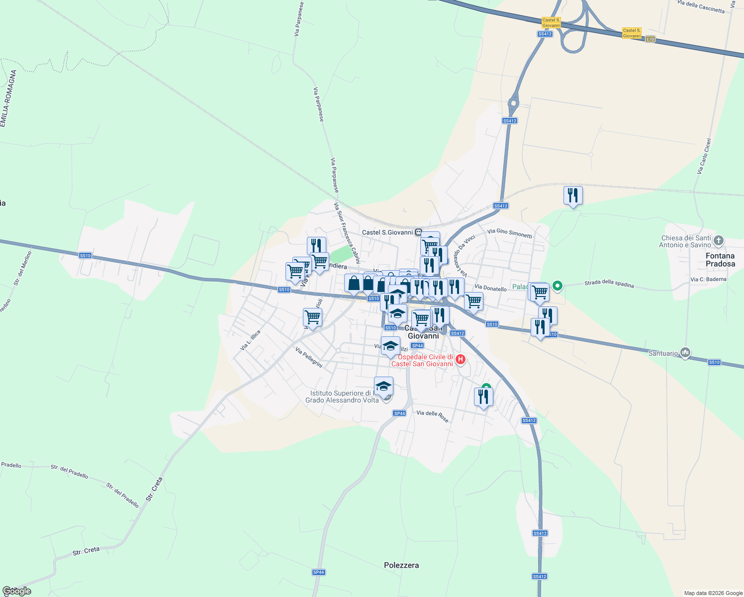 map of restaurants, bars, coffee shops, grocery stores, and more near in Castel San Giovanni