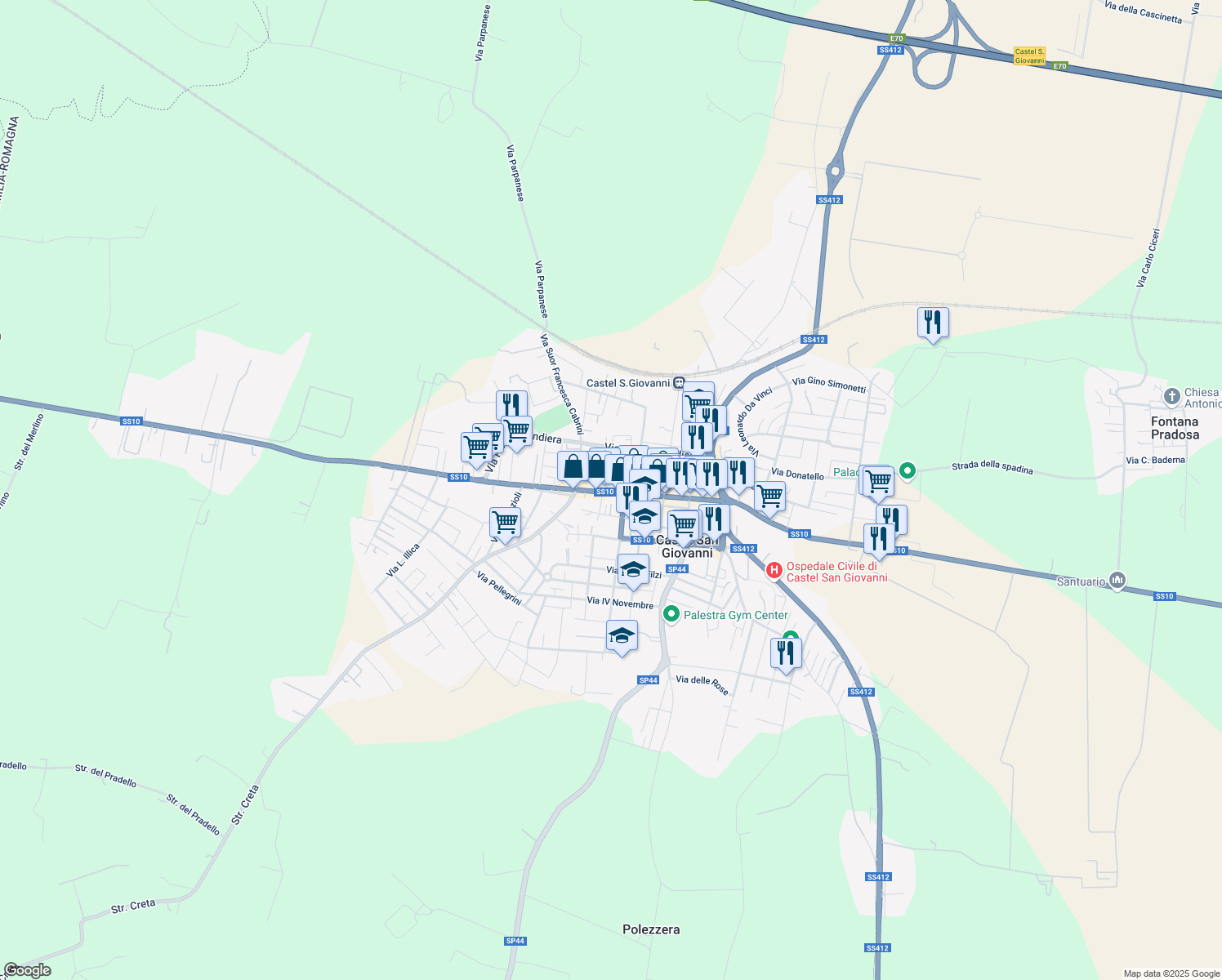 map of restaurants, bars, coffee shops, grocery stores, and more near 11 Vicolo Parmigiani in Castel San Giovanni