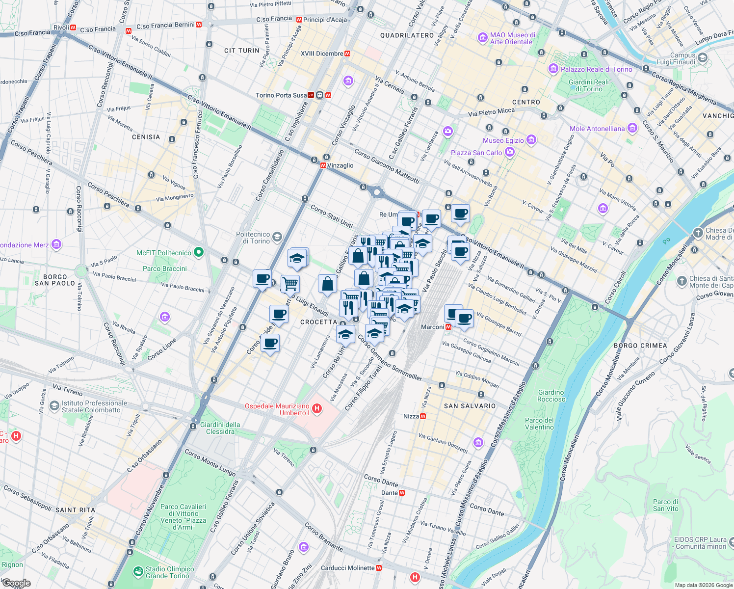 map of restaurants, bars, coffee shops, grocery stores, and more near 19/C Via Pastrengo in Torino