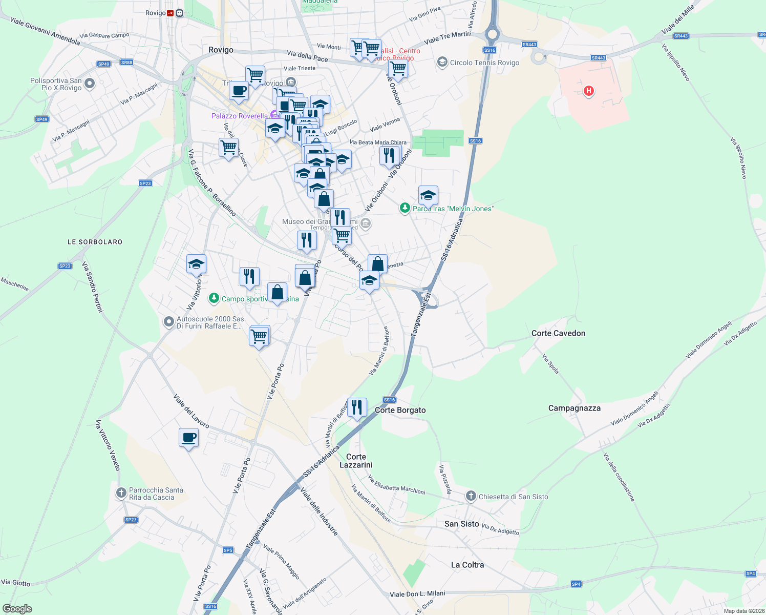 map of restaurants, bars, coffee shops, grocery stores, and more near 19 Via Martiri di Belfiore in Rovigo