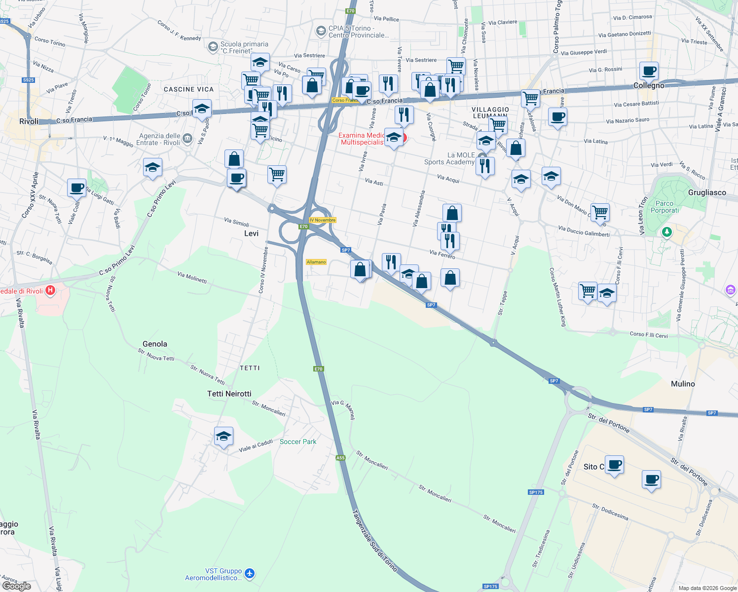 map of restaurants, bars, coffee shops, grocery stores, and more near 105 Via Pavia in Rivoli