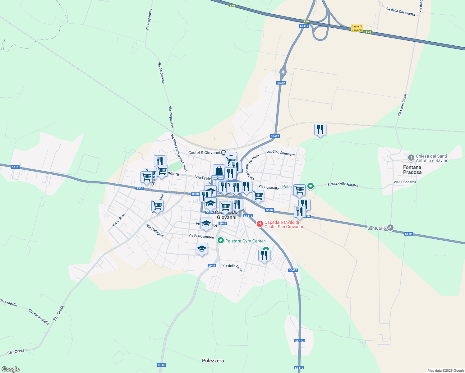 map of restaurants, bars, coffee shops, grocery stores, and more near 36 Via Angelo Calvi in Castel San Giovanni