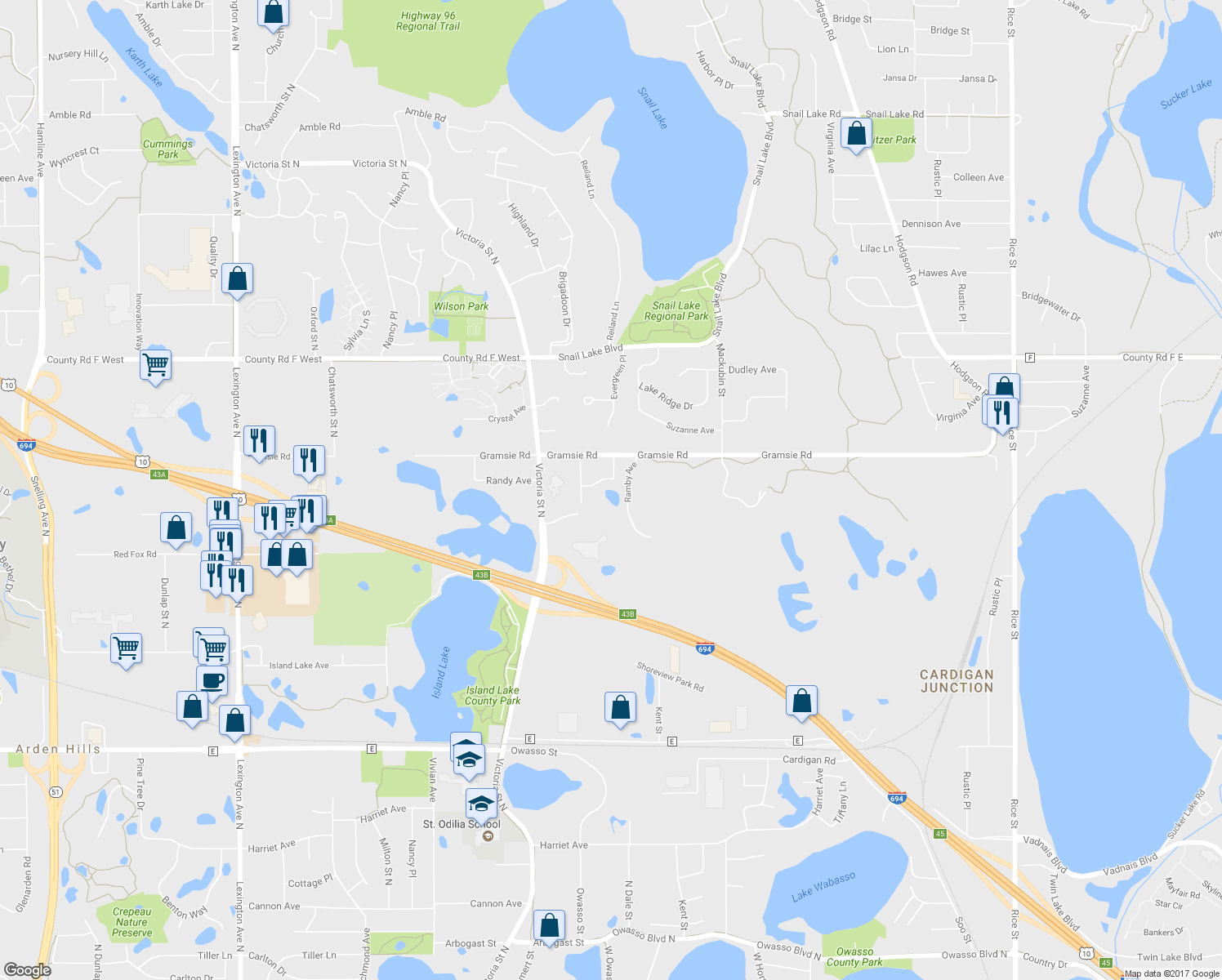 map of restaurants, bars, coffee shops, grocery stores, and more near 640 Randy Avenue in Shoreview