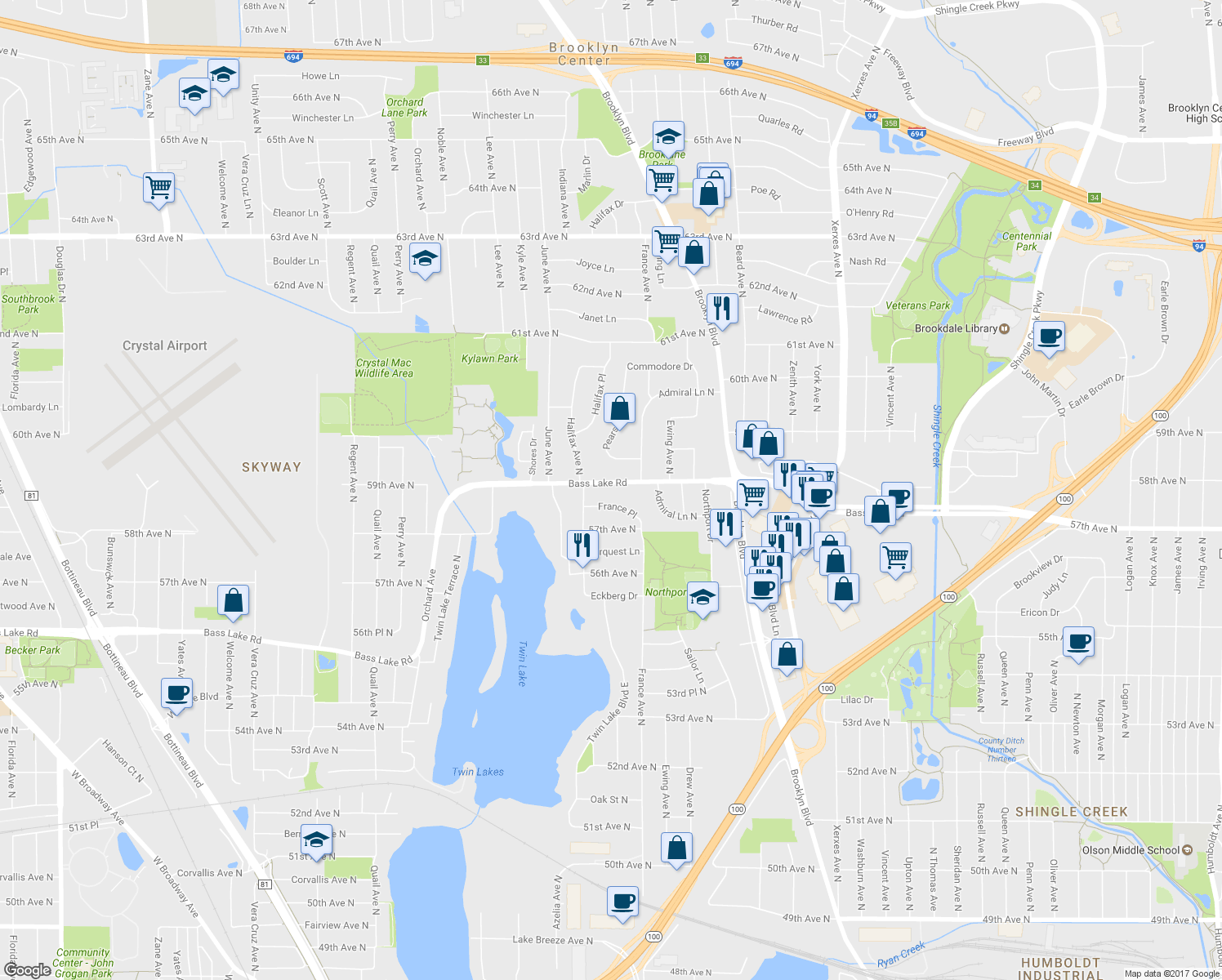 map of restaurants, bars, coffee shops, grocery stores, and more near 3825 Bass Lake Road in Minneapolis