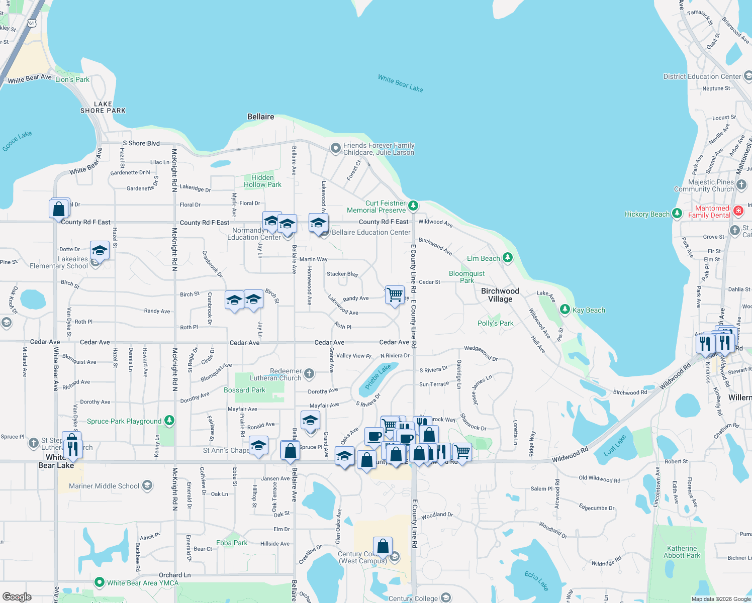 map of restaurants, bars, coffee shops, grocery stores, and more near 2662 Randy Avenue in White Bear Lake