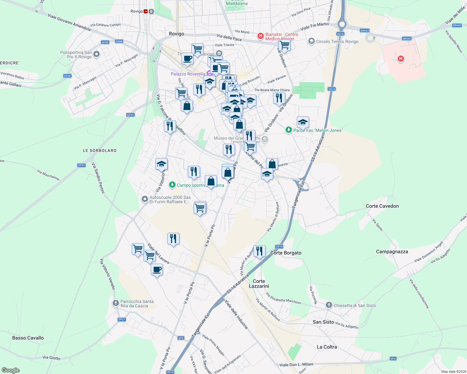 map of restaurants, bars, coffee shops, grocery stores, and more near 16 Via Viernheim in Provincia di Rovigo