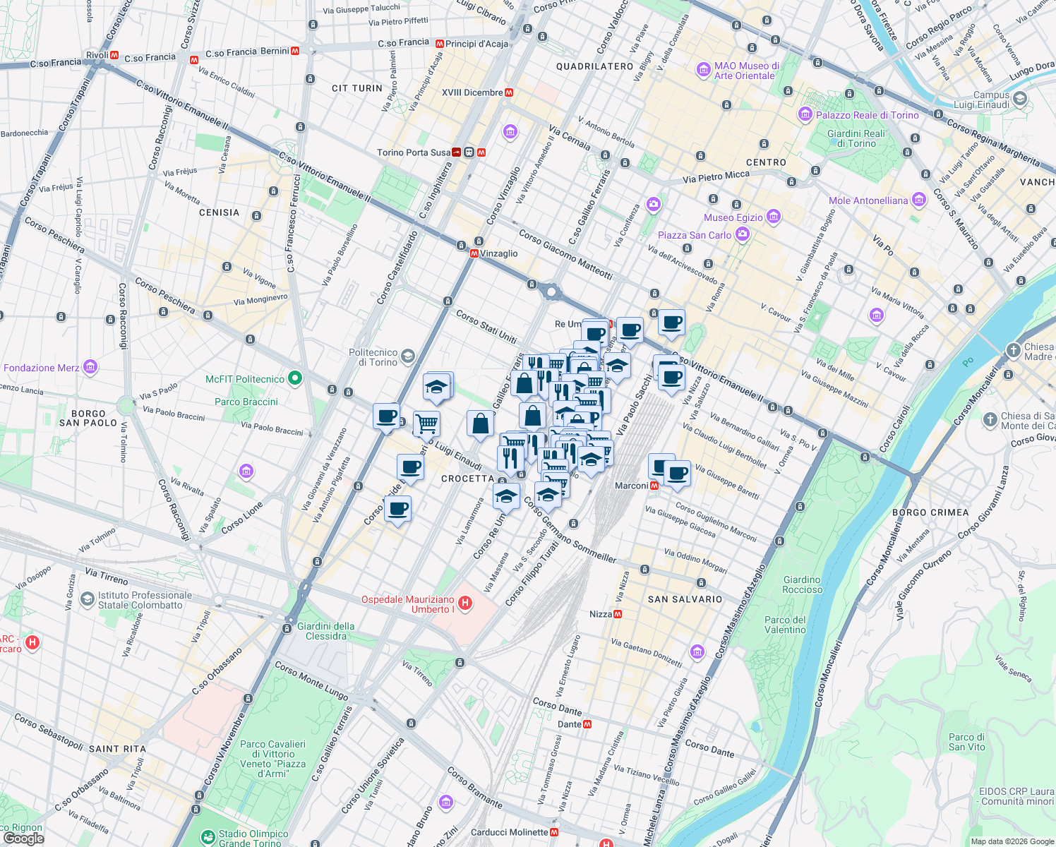 map of restaurants, bars, coffee shops, grocery stores, and more near 19/C Via Pastrengo in Torino