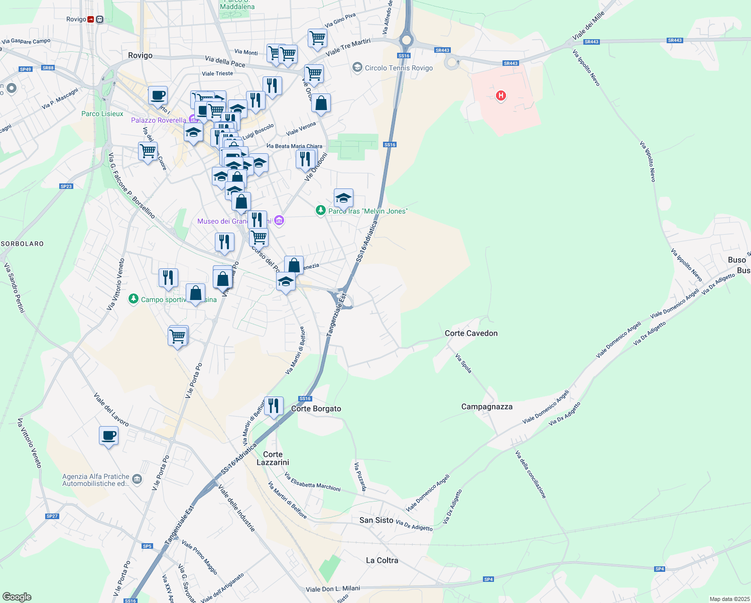 map of restaurants, bars, coffee shops, grocery stores, and more near 68 Via Concilio Vaticano II in Rovigo