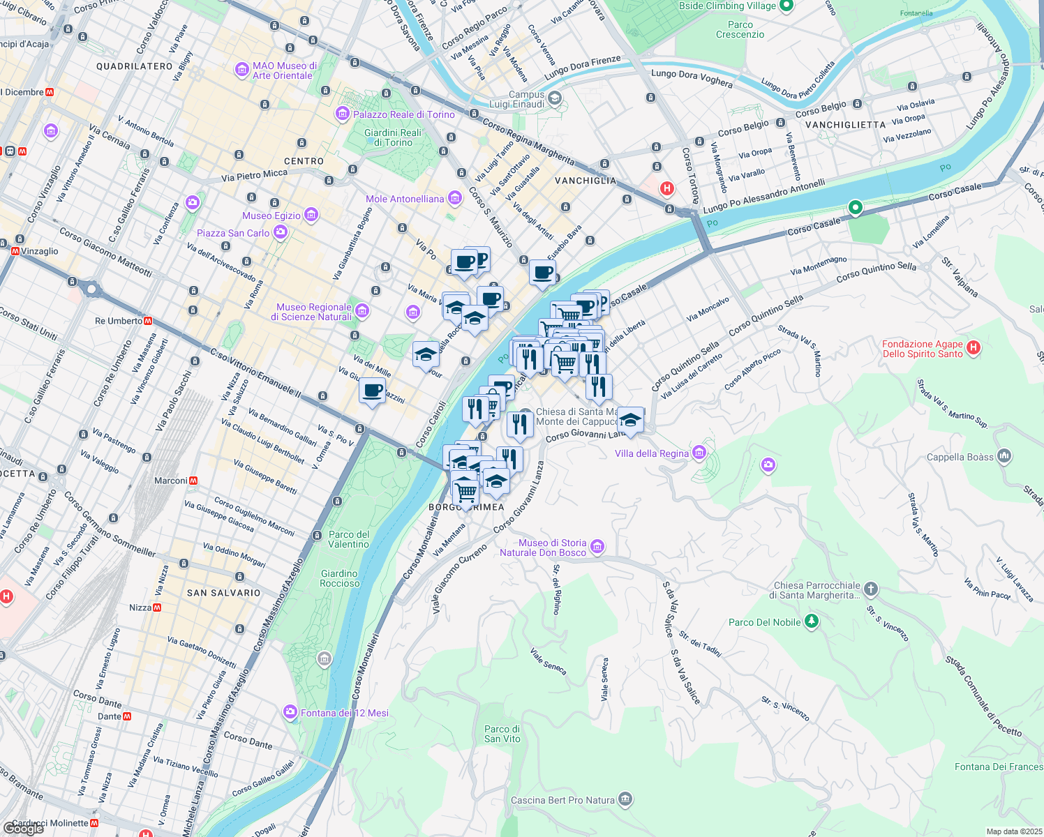 map of restaurants, bars, coffee shops, grocery stores, and more near 9 Via Vittorio Amedeo Gioanetti in Torino