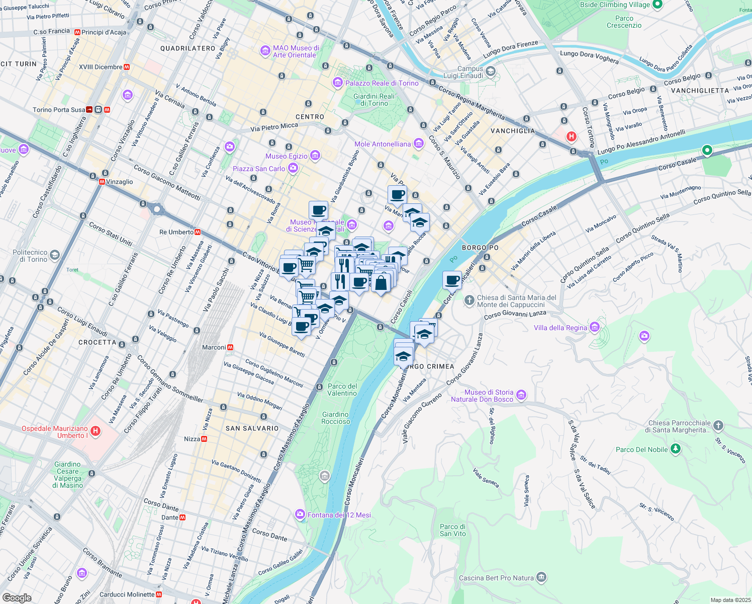 map of restaurants, bars, coffee shops, grocery stores, and more near 23 Via Fratelli Calandra in Turin