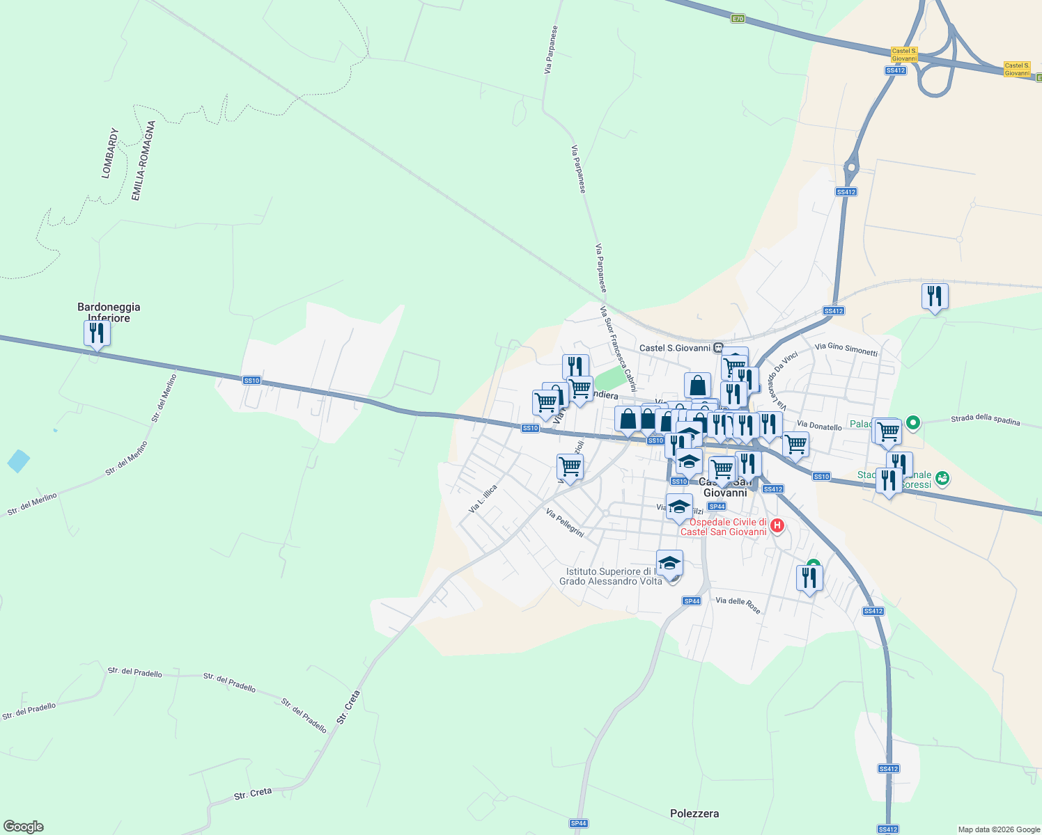 map of restaurants, bars, coffee shops, grocery stores, and more near 2 Via M. Buonarroti in Castel San Giovanni