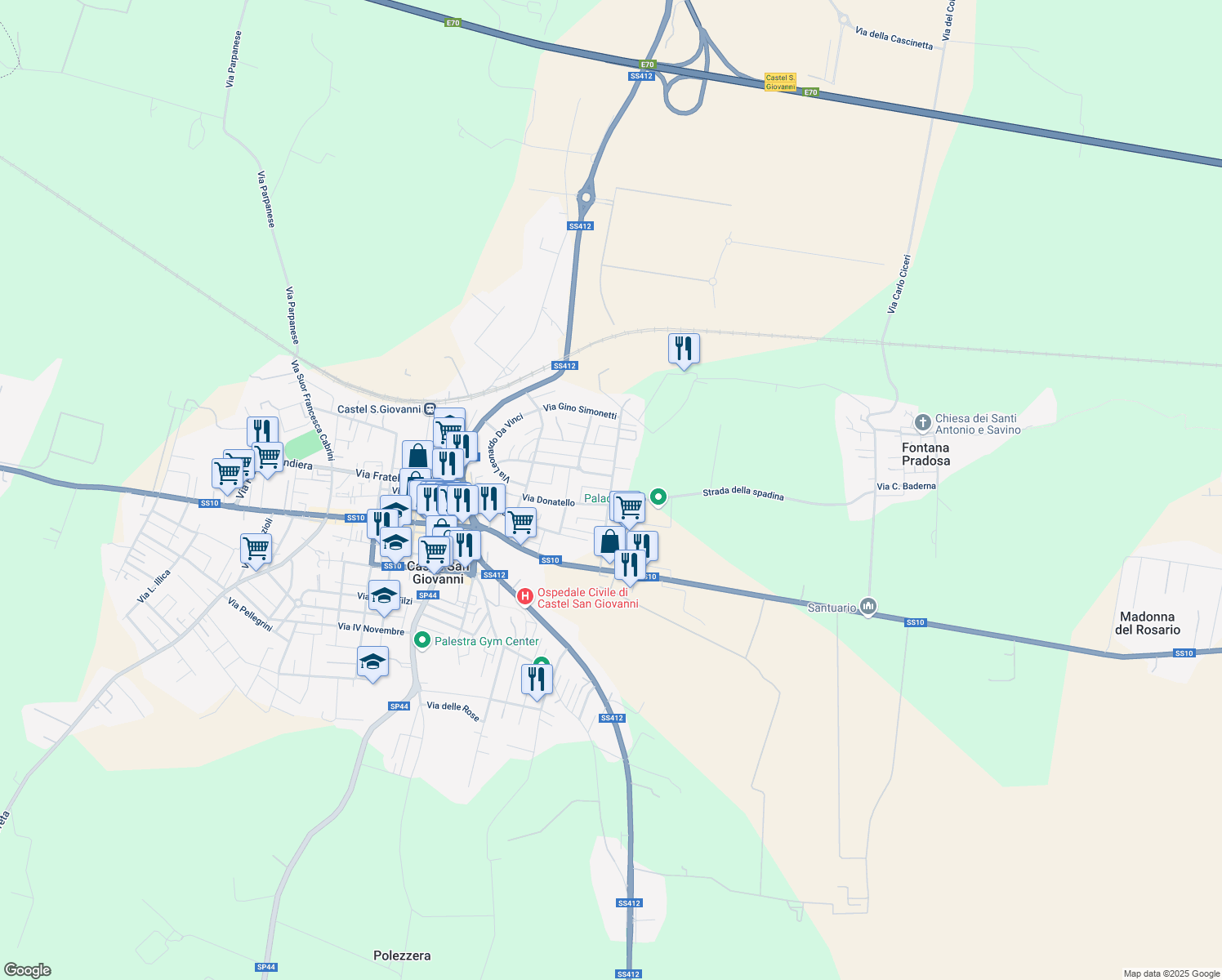 map of restaurants, bars, coffee shops, grocery stores, and more near 18 Via Don Mazzocchi in Castel San Giovanni