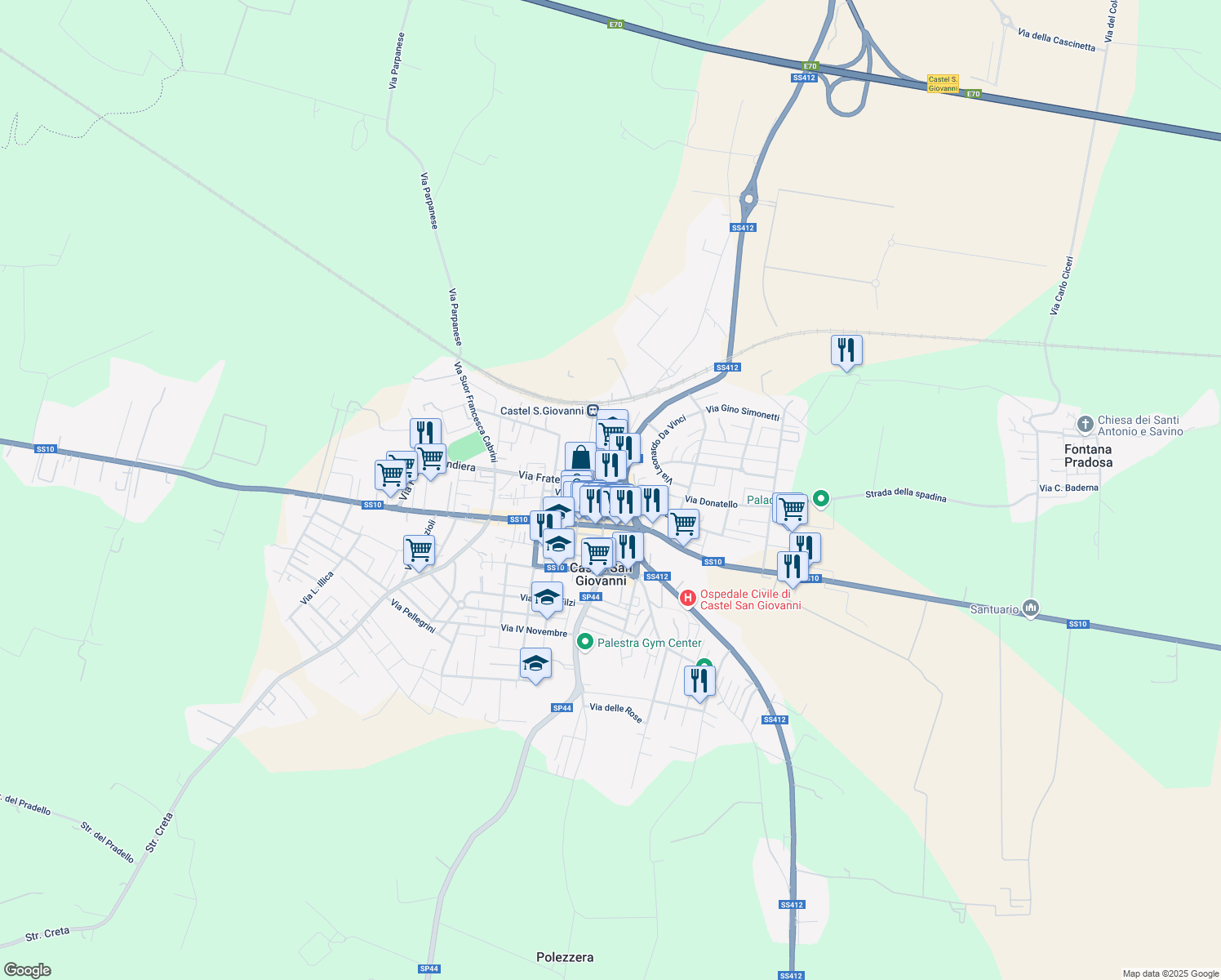 map of restaurants, bars, coffee shops, grocery stores, and more near 36 Via Angelo Calvi in Castel San Giovanni