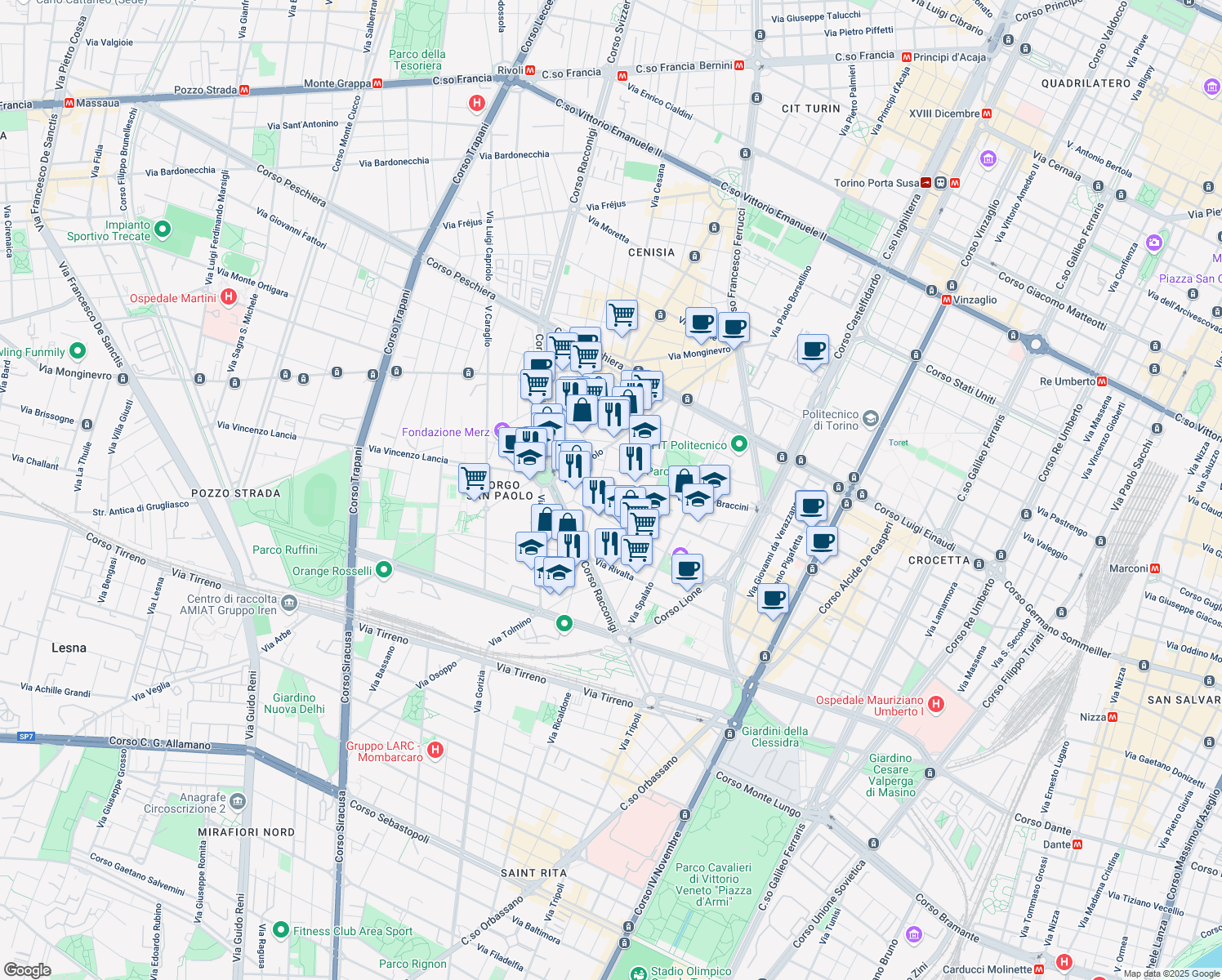 map of restaurants, bars, coffee shops, grocery stores, and more near 75 Via Paolo Braccini in Torino