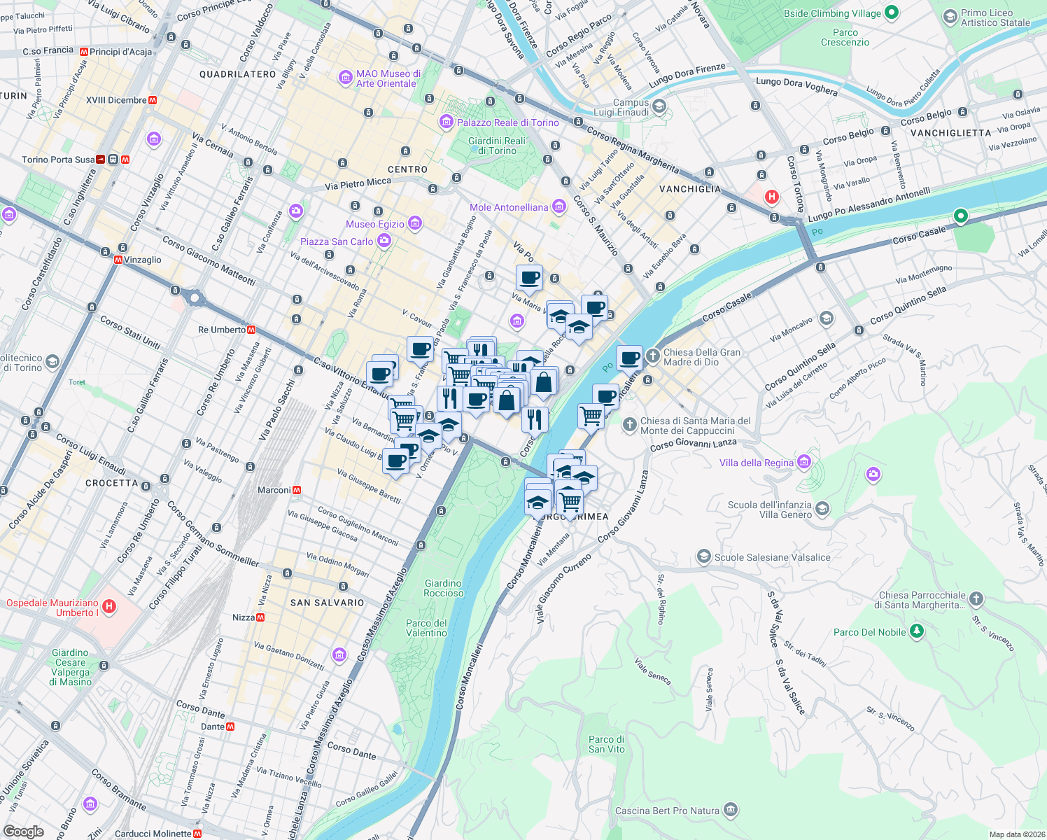 map of restaurants, bars, coffee shops, grocery stores, and more near 24 Via della Rocca in Torino