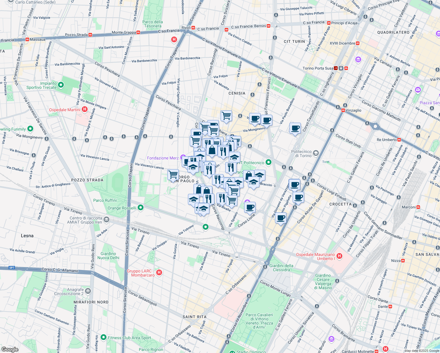 map of restaurants, bars, coffee shops, grocery stores, and more near 75 Via Paolo Braccini in Turin