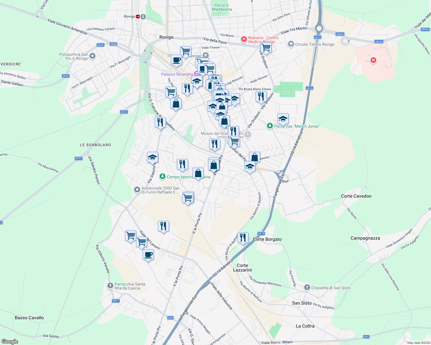 map of restaurants, bars, coffee shops, grocery stores, and more near 16 Via Viernheim in Provincia di Rovigo