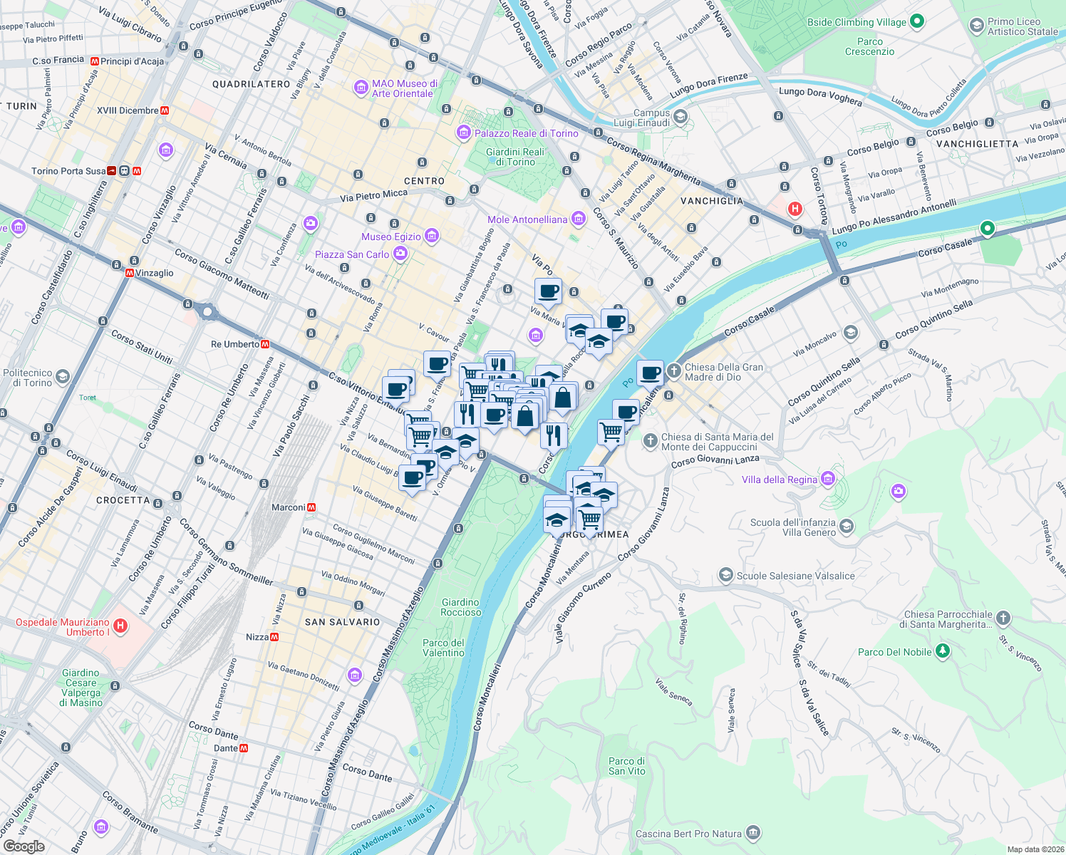 map of restaurants, bars, coffee shops, grocery stores, and more near 24 Via della Rocca in Torino