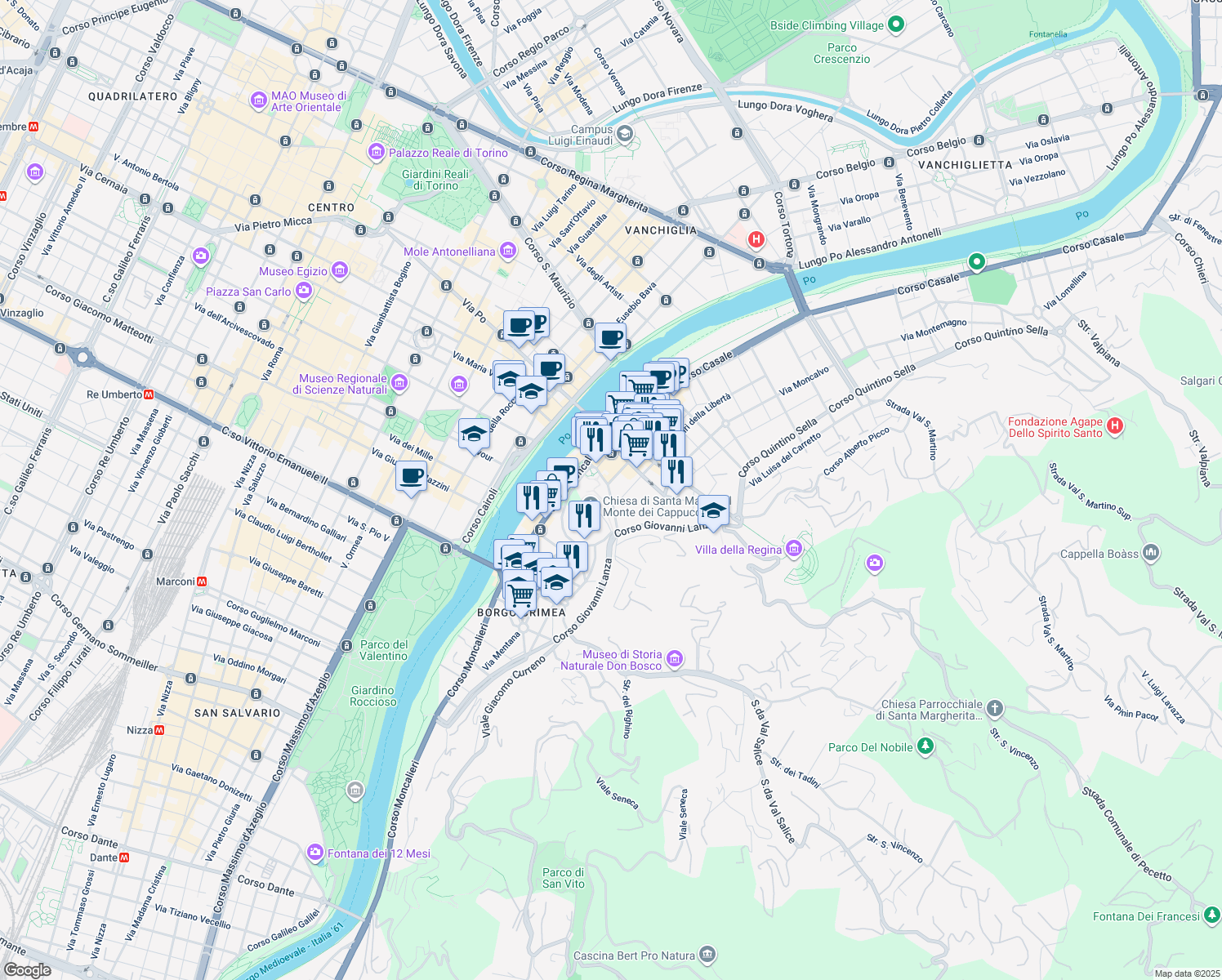 map of restaurants, bars, coffee shops, grocery stores, and more near 9 Via Vittorio Amedeo Gioanetti in Turin