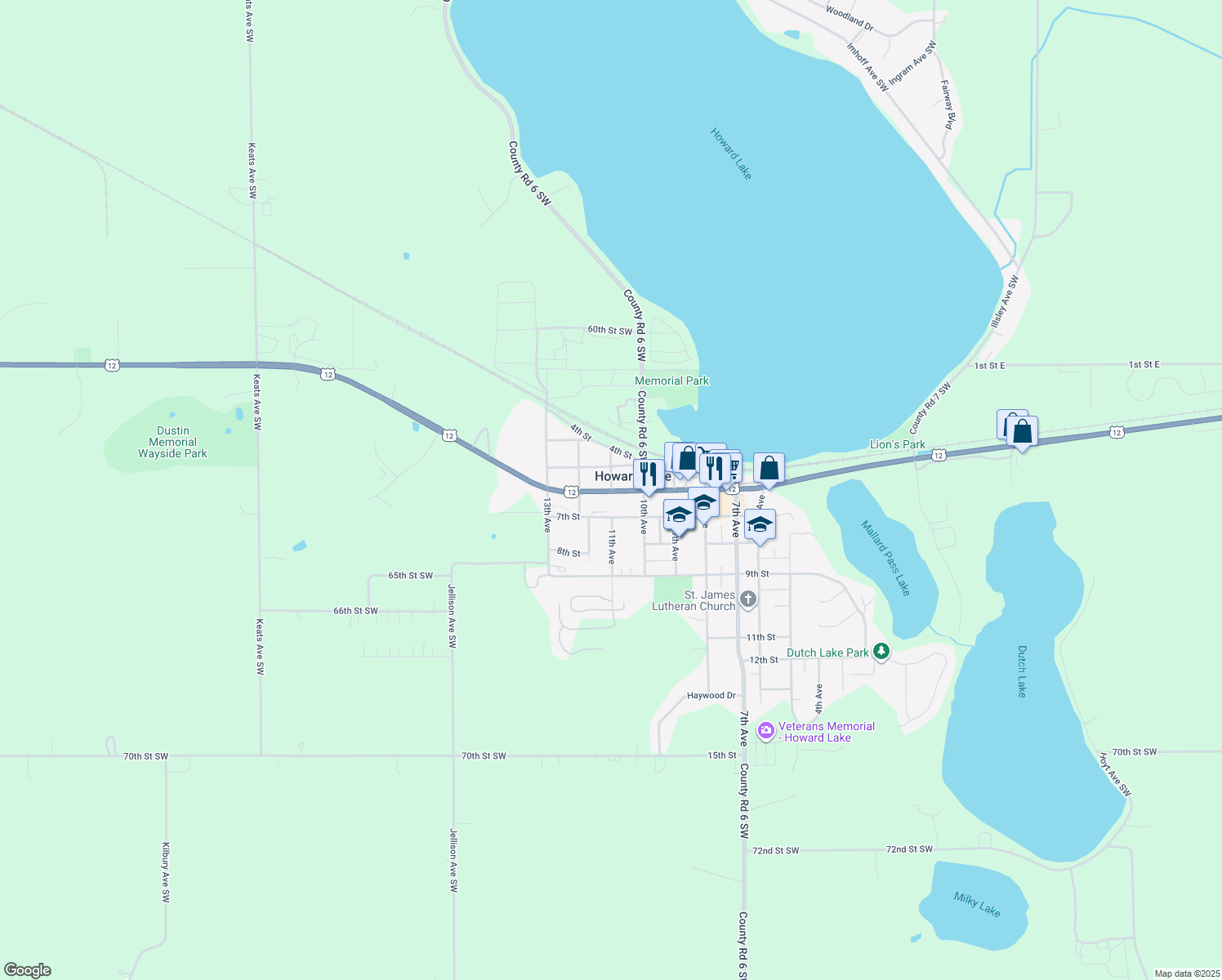 map of restaurants, bars, coffee shops, grocery stores, and more near 505 11th Ave in Howard Lake