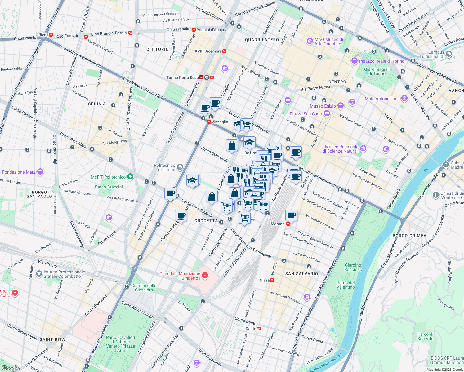 map of restaurants, bars, coffee shops, grocery stores, and more near 16 Via Alfonso Lamarmora in Turin