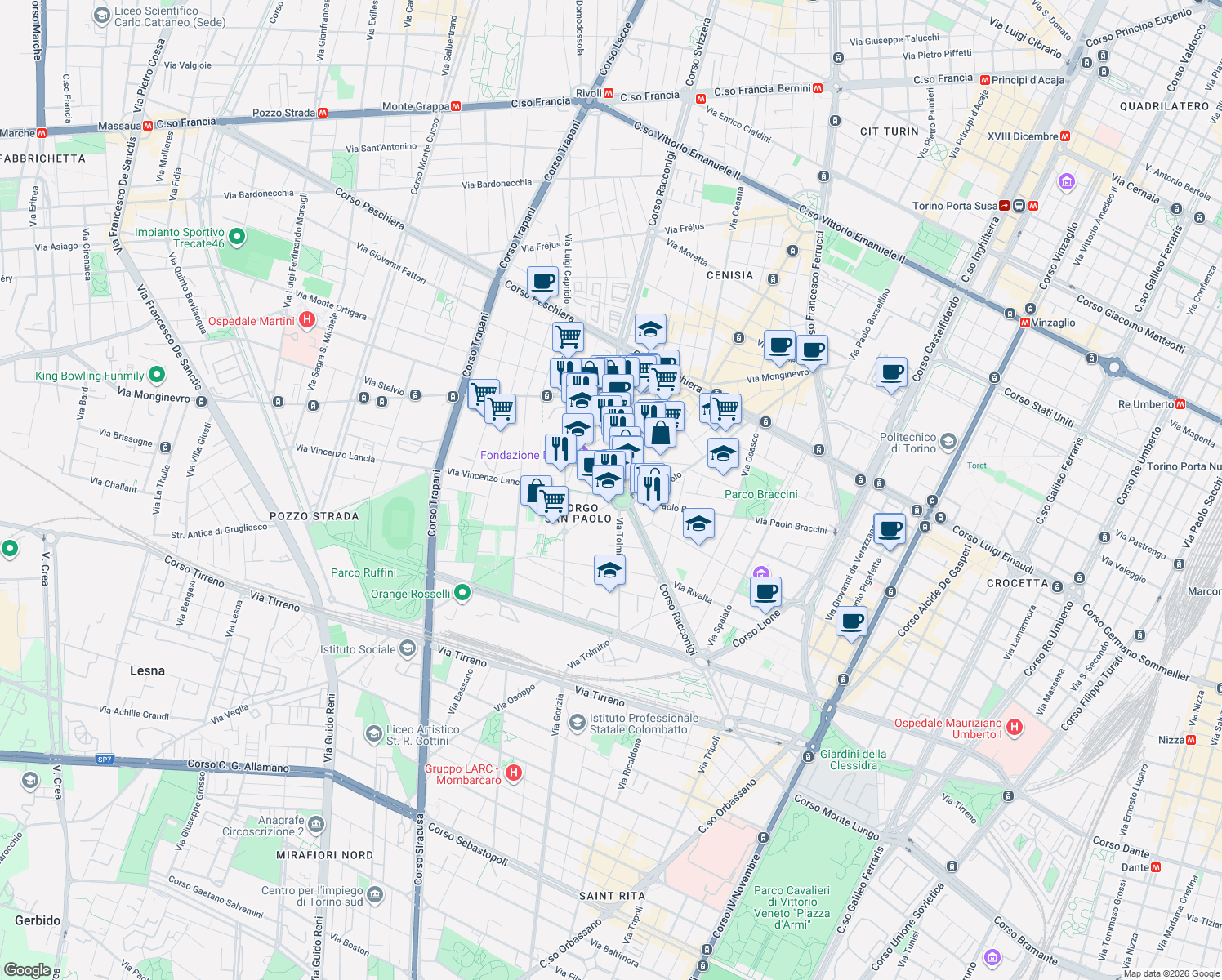 map of restaurants, bars, coffee shops, grocery stores, and more near 10-12 Via Limone in Turin