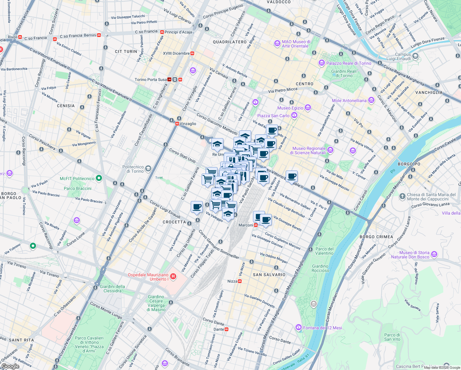 map of restaurants, bars, coffee shops, grocery stores, and more near 24 Via Vincenzo Gioberti in Torino