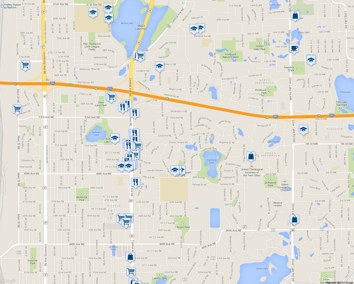 map of restaurants, bars, coffee shops, grocery stores, and more near 3830 Buchanan Street Northeast in Minneapolis