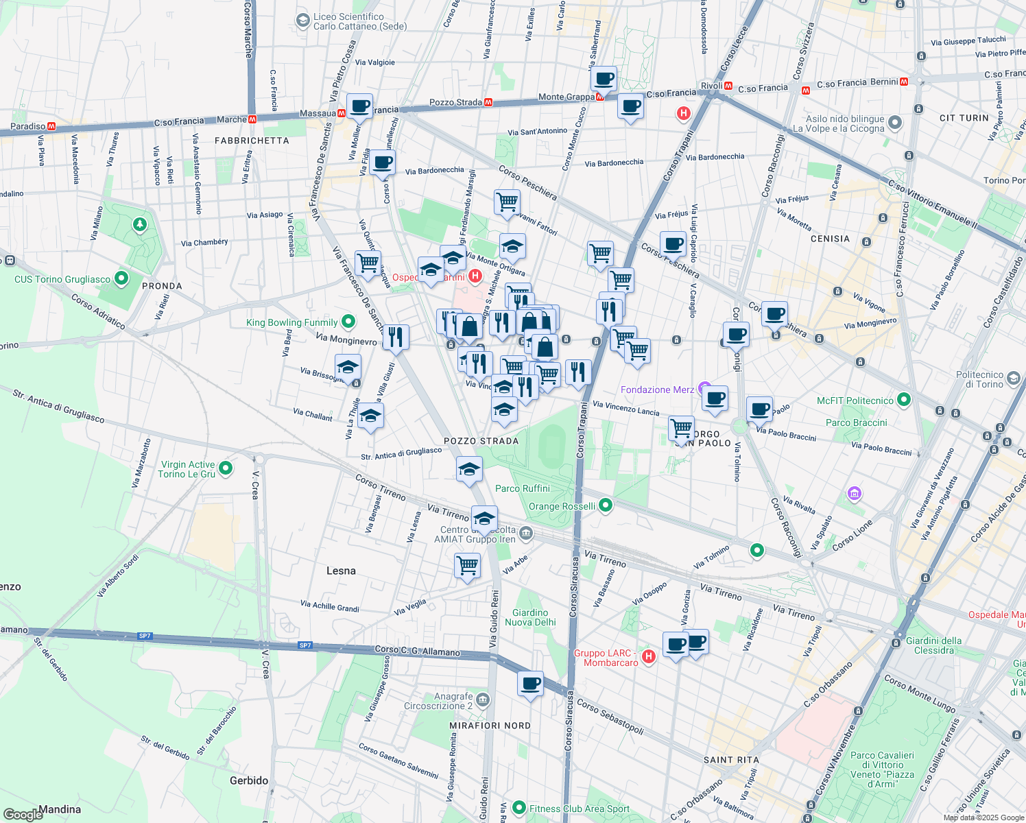 map of restaurants, bars, coffee shops, grocery stores, and more near 7 Via Monte Cristallo in Torino