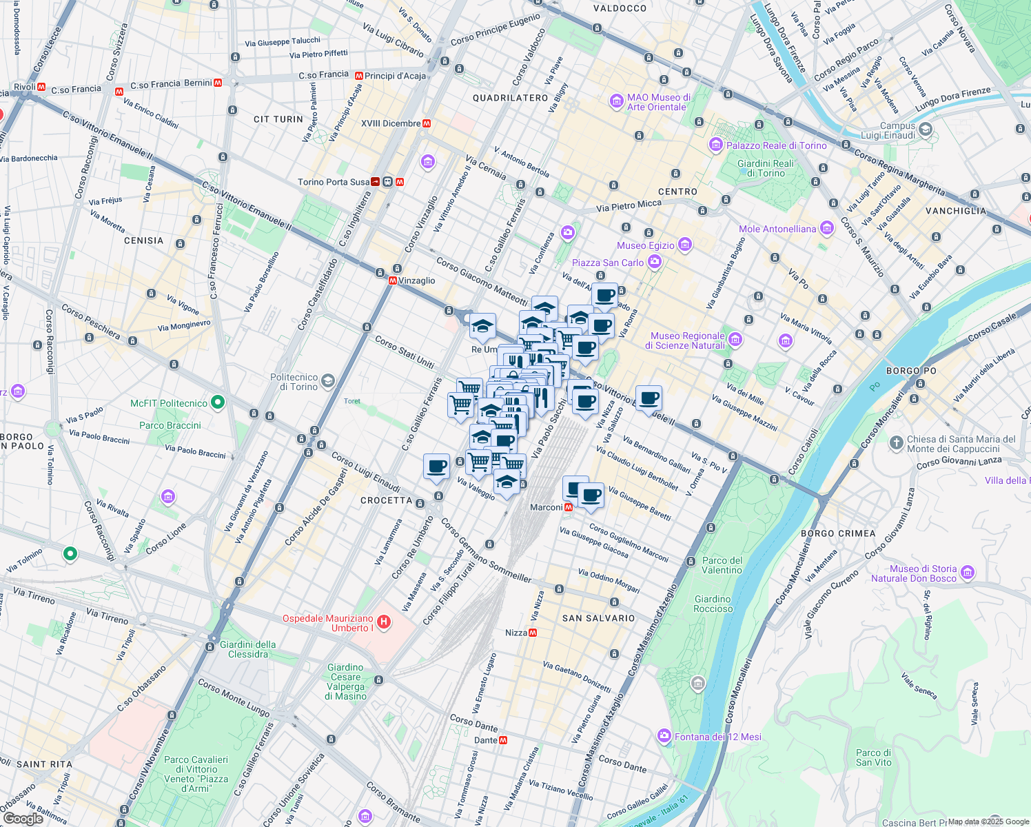 map of restaurants, bars, coffee shops, grocery stores, and more near 24 Via Vincenzo Gioberti in Torino