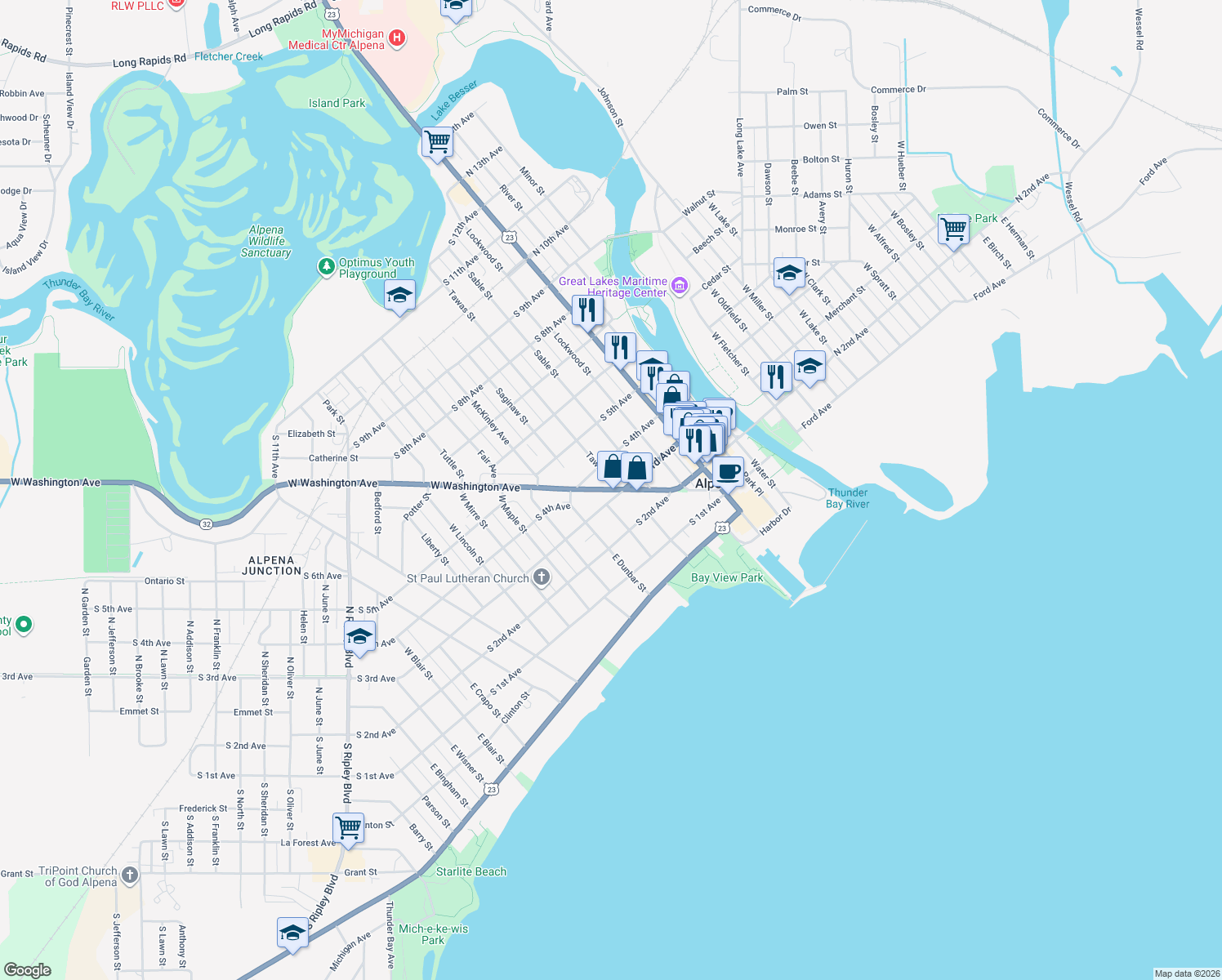 map of restaurants, bars, coffee shops, grocery stores, and more near 224 West Washington Avenue in Alpena