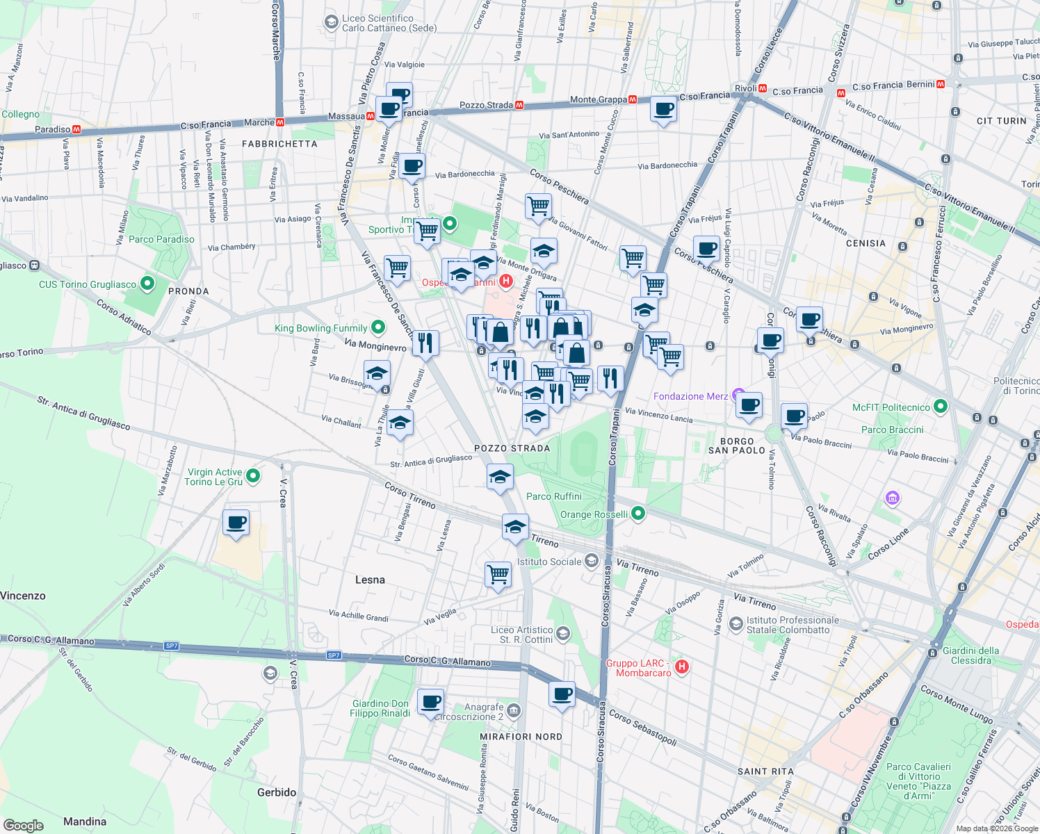map of restaurants, bars, coffee shops, grocery stores, and more near 154 Corso Monte Cucco in Torino