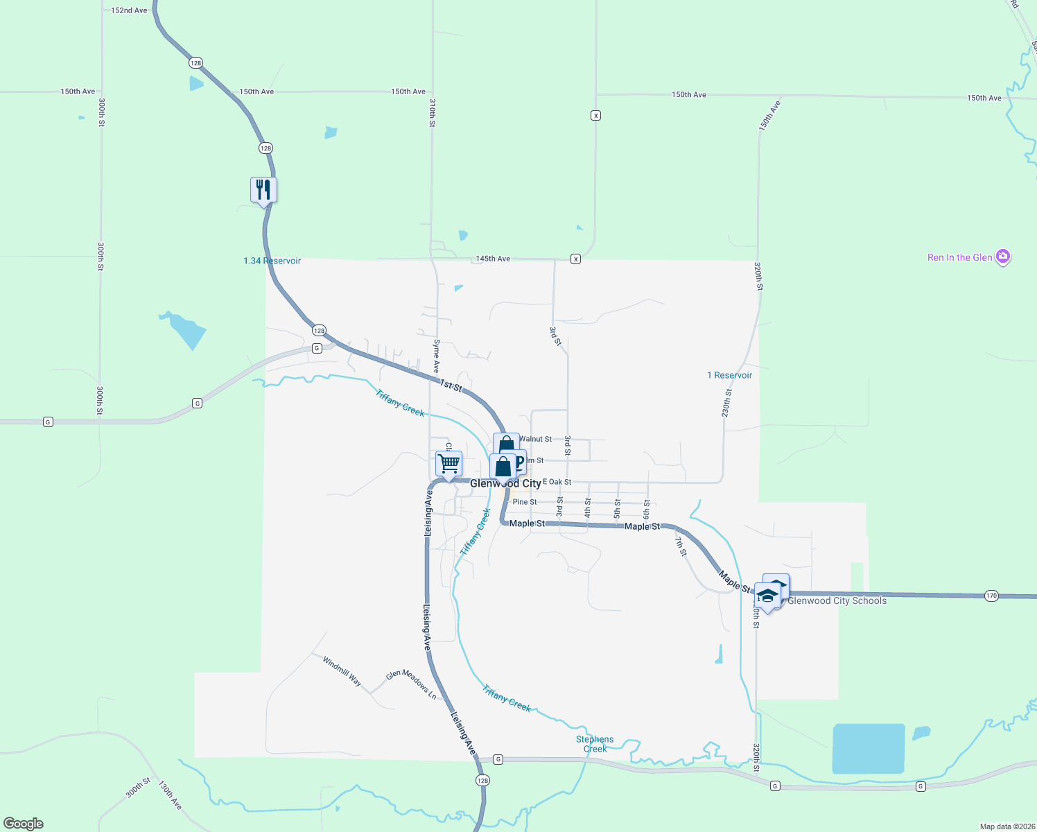 map of restaurants, bars, coffee shops, grocery stores, and more near 718 2nd St in Glenwood City