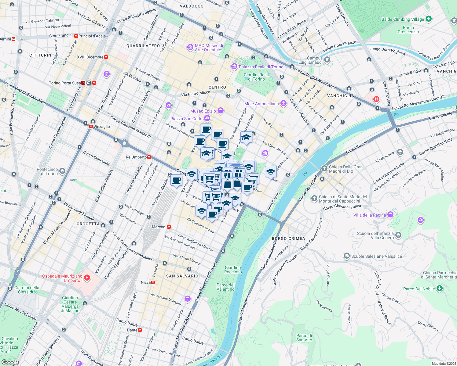 map of restaurants, bars, coffee shops, grocery stores, and more near 36 Via Accademia Albertina in Torino