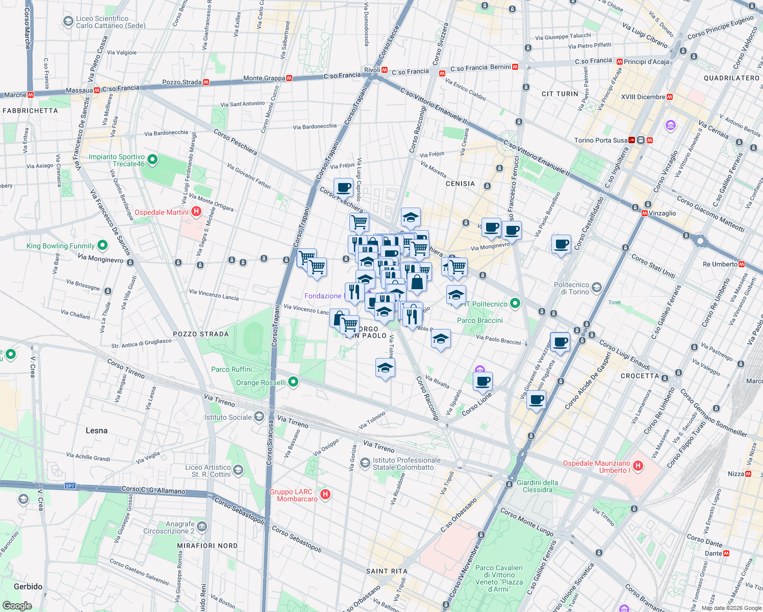 map of restaurants, bars, coffee shops, grocery stores, and more near 12 Via Limone in Torino