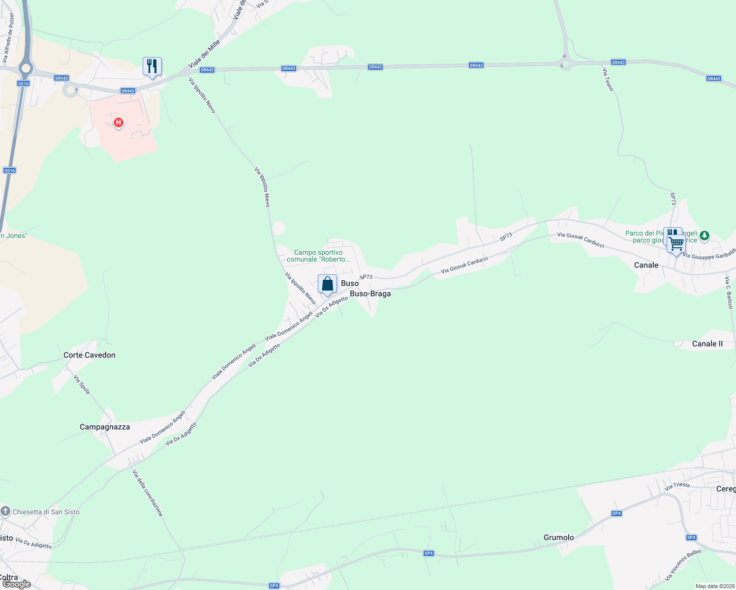 map of restaurants, bars, coffee shops, grocery stores, and more near 2539 Via Giosuè Carducci in Rovigo