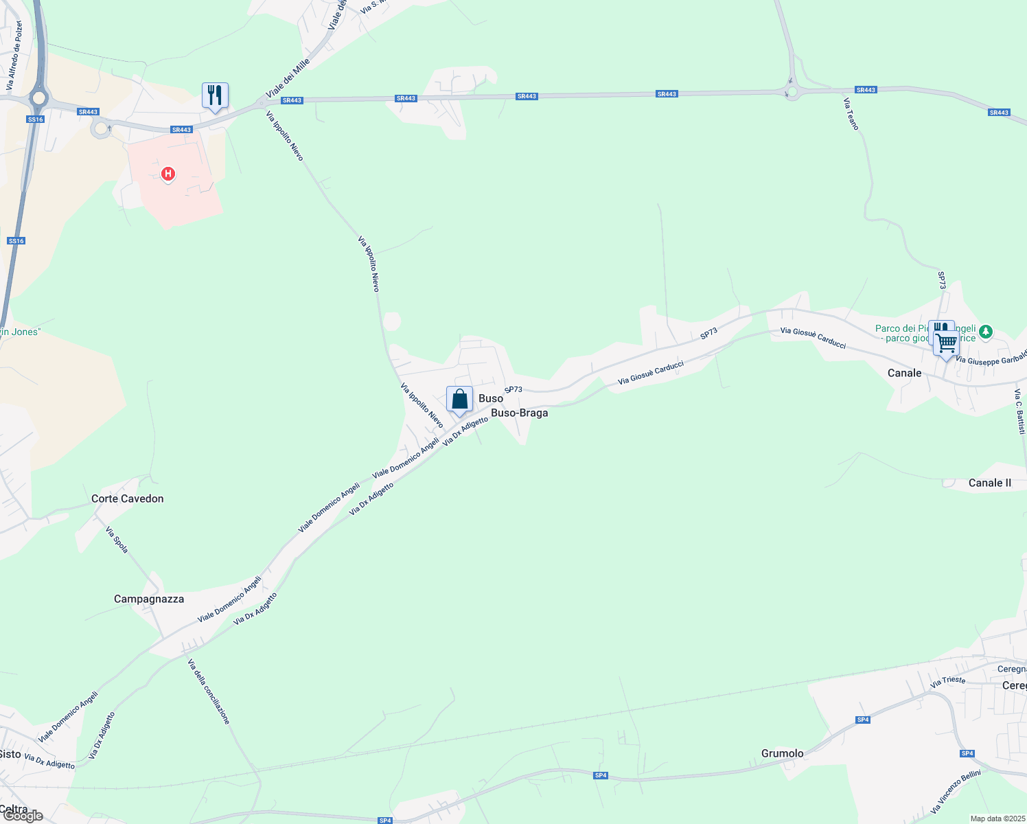 map of restaurants, bars, coffee shops, grocery stores, and more near 2539 Via Giosuè Carducci in Rovigo