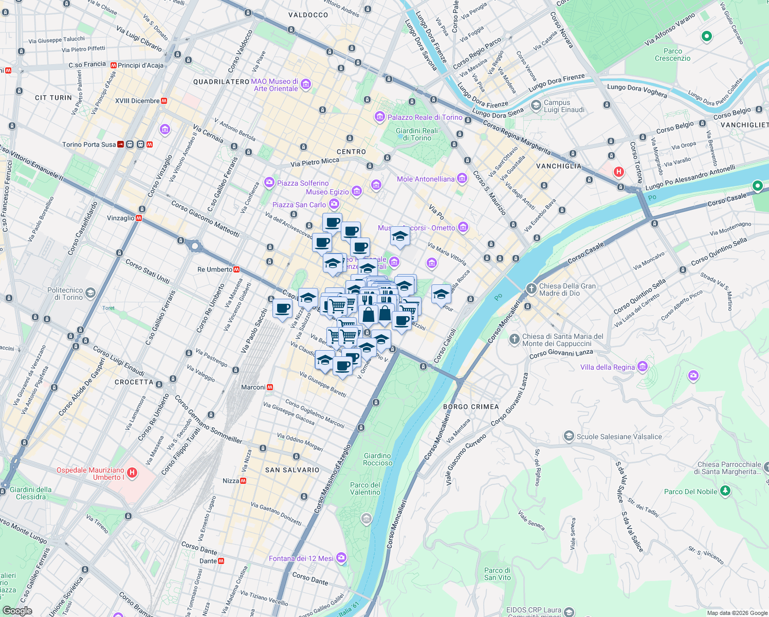 map of restaurants, bars, coffee shops, grocery stores, and more near 36 Via Accademia Albertina in Torino