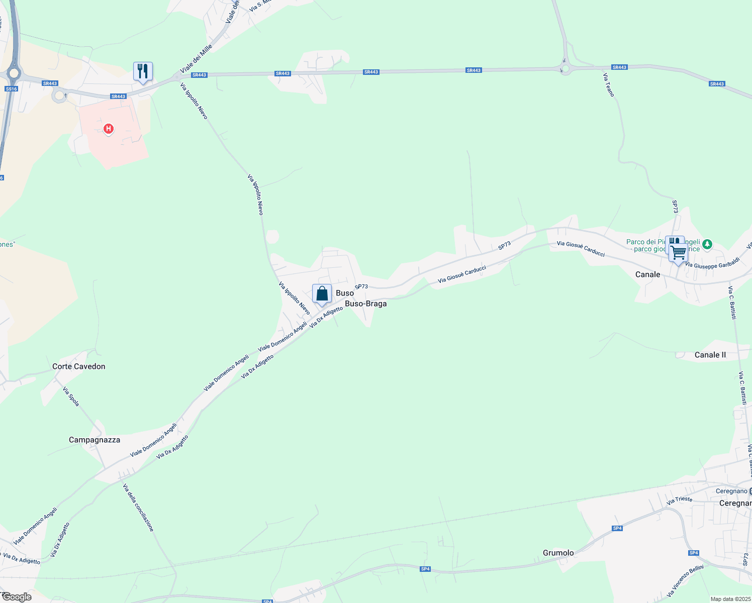 map of restaurants, bars, coffee shops, grocery stores, and more near 2539 Via Giosuè Carducci in Buso-braga