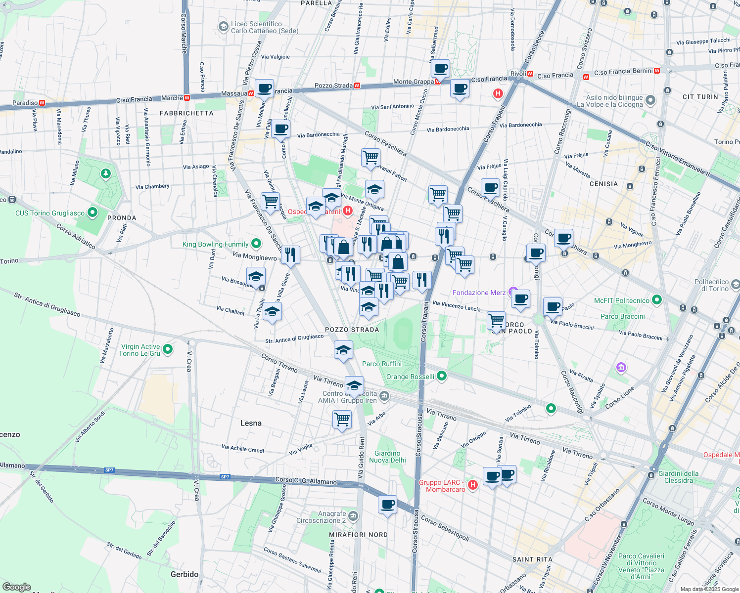 map of restaurants, bars, coffee shops, grocery stores, and more near 1-7 Via Monte Cristallo in Torino
