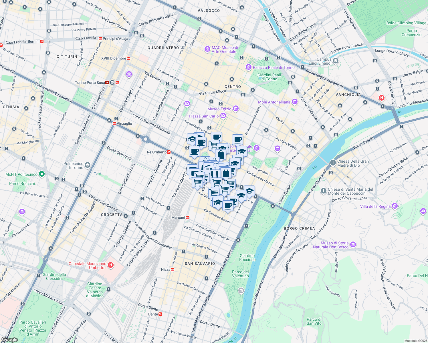 map of restaurants, bars, coffee shops, grocery stores, and more near 41 Corso Vittorio Emanuele II in Torino