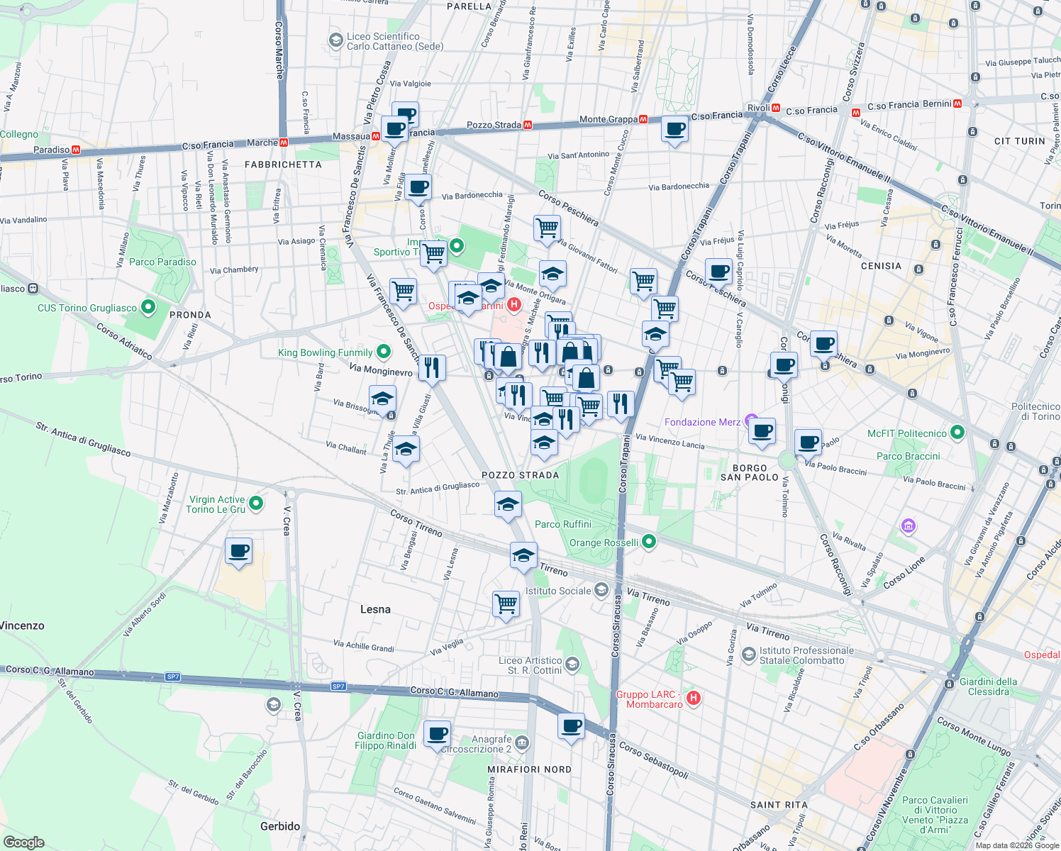 map of restaurants, bars, coffee shops, grocery stores, and more near 154 Corso Monte Cucco in Torino