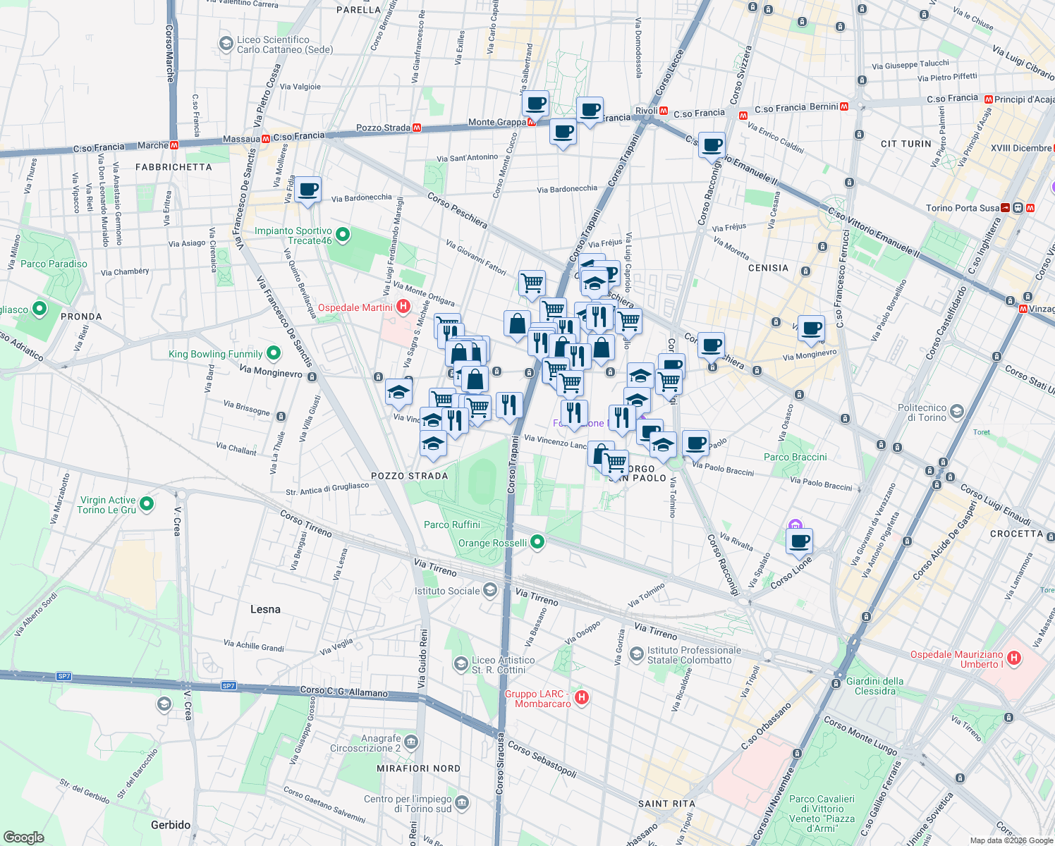 map of restaurants, bars, coffee shops, grocery stores, and more near 169 Corso Trapani in Turin