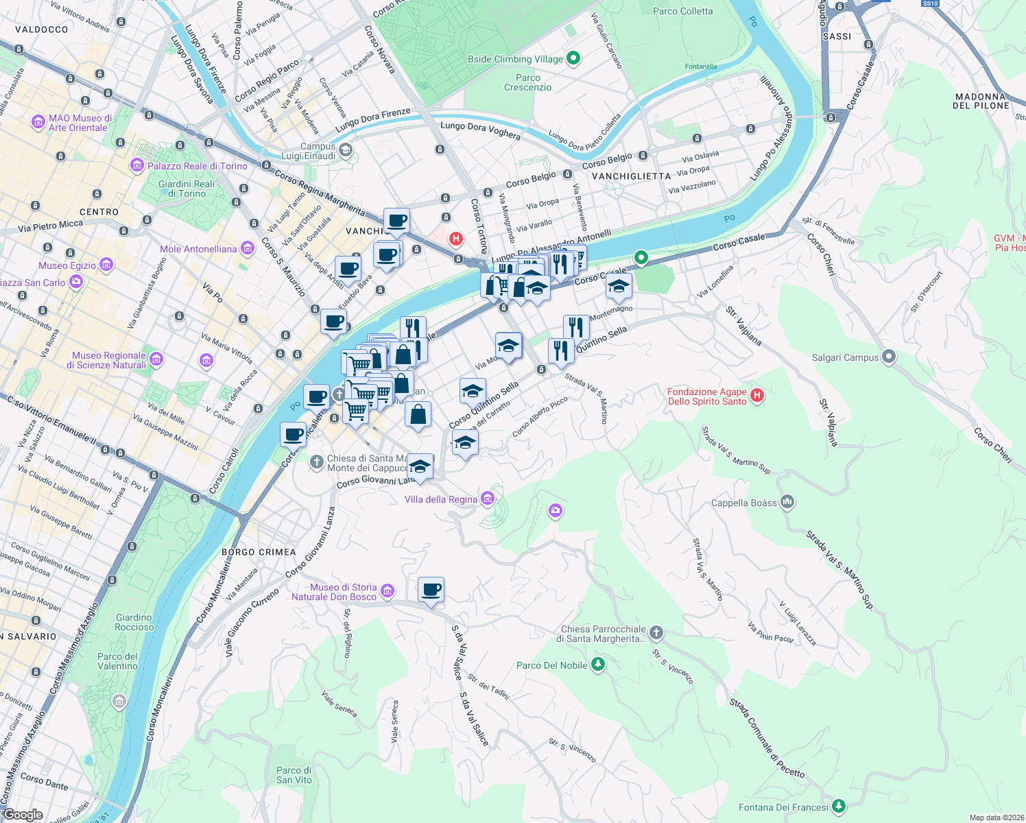 map of restaurants, bars, coffee shops, grocery stores, and more near 28 Via Figlie dei Militari in Torino