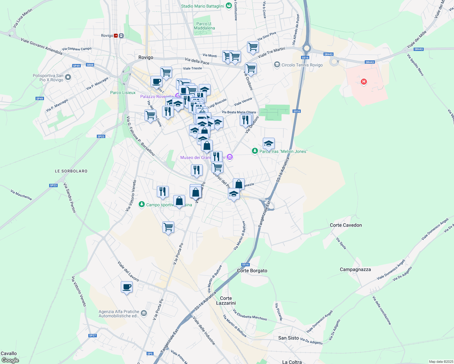 map of restaurants, bars, coffee shops, grocery stores, and more near 419 Corso del Popolo in Rovigo