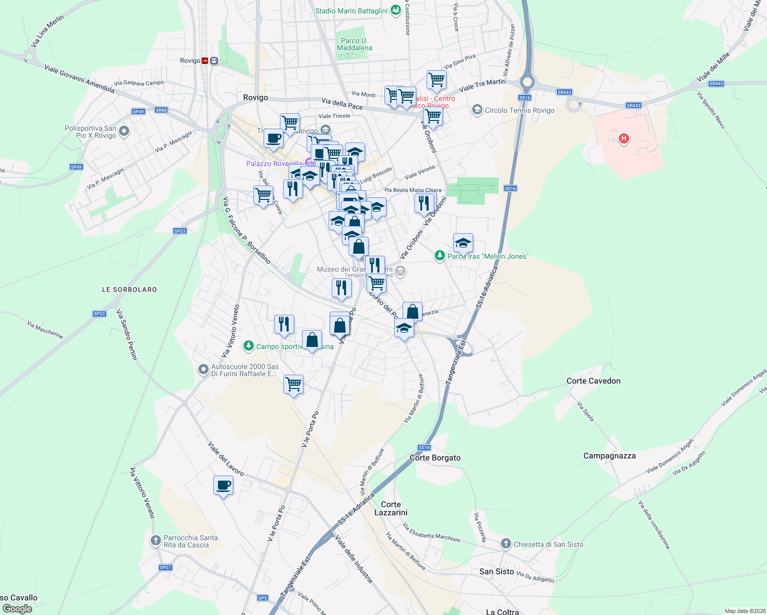 map of restaurants, bars, coffee shops, grocery stores, and more near 419 Corso del Popolo in Rovigo