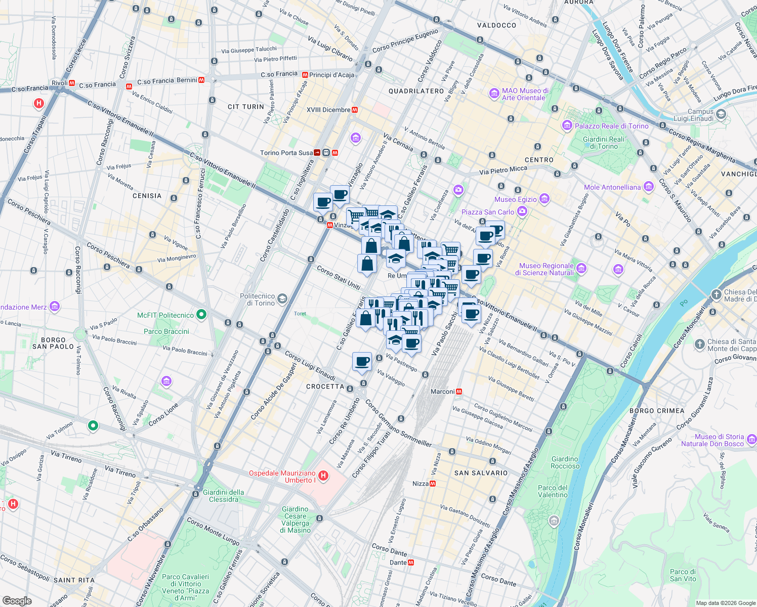 map of restaurants, bars, coffee shops, grocery stores, and more near Corso Stati Uniti in Torino